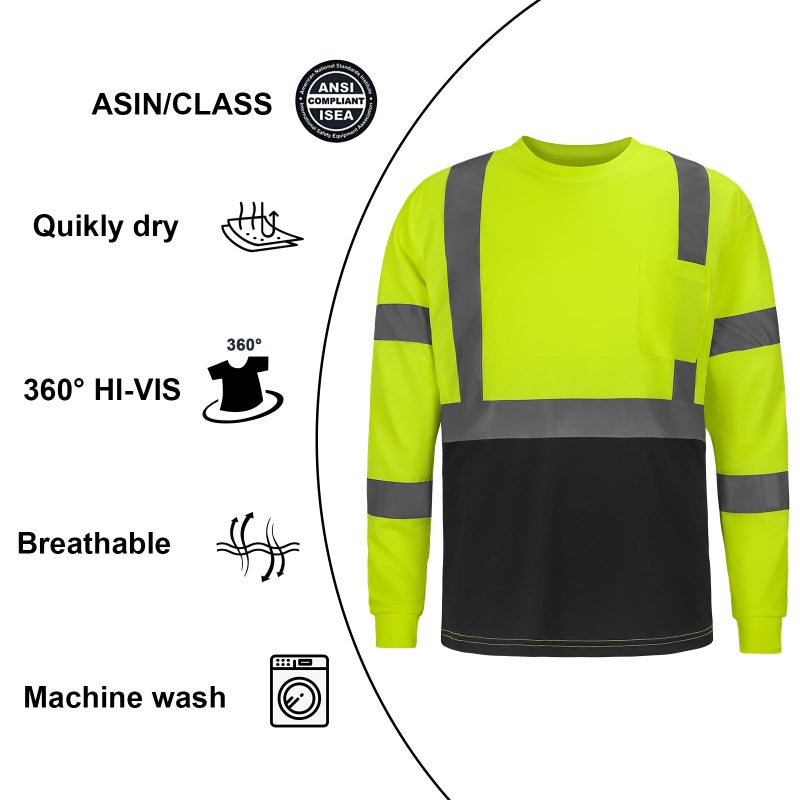 DPSAFETY High Visibility Class 3 T Shirts,Hi Vis Safety Shirts with Reflective Strips and Pocket, Long Sleeve Quick Dry Mesh Construction Work Shirt for Men/Women Black Bottom Lime,Small - Image 3